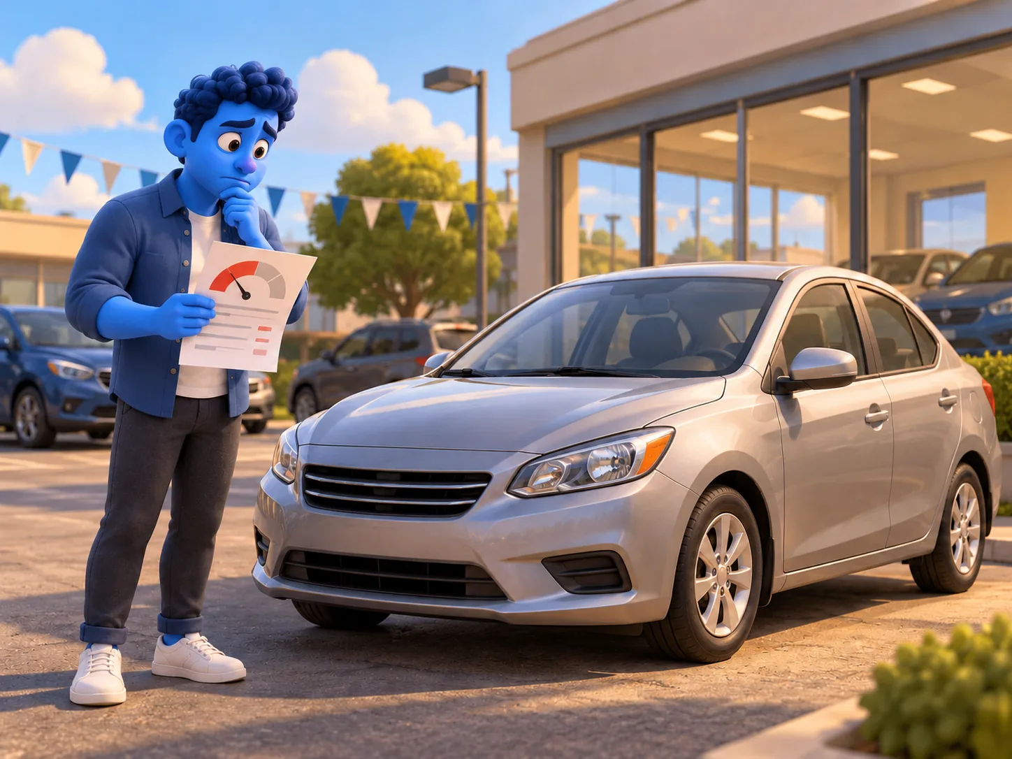 A blue humanoid cartoon character worries about his credit while looking at a basic car at a dealership.