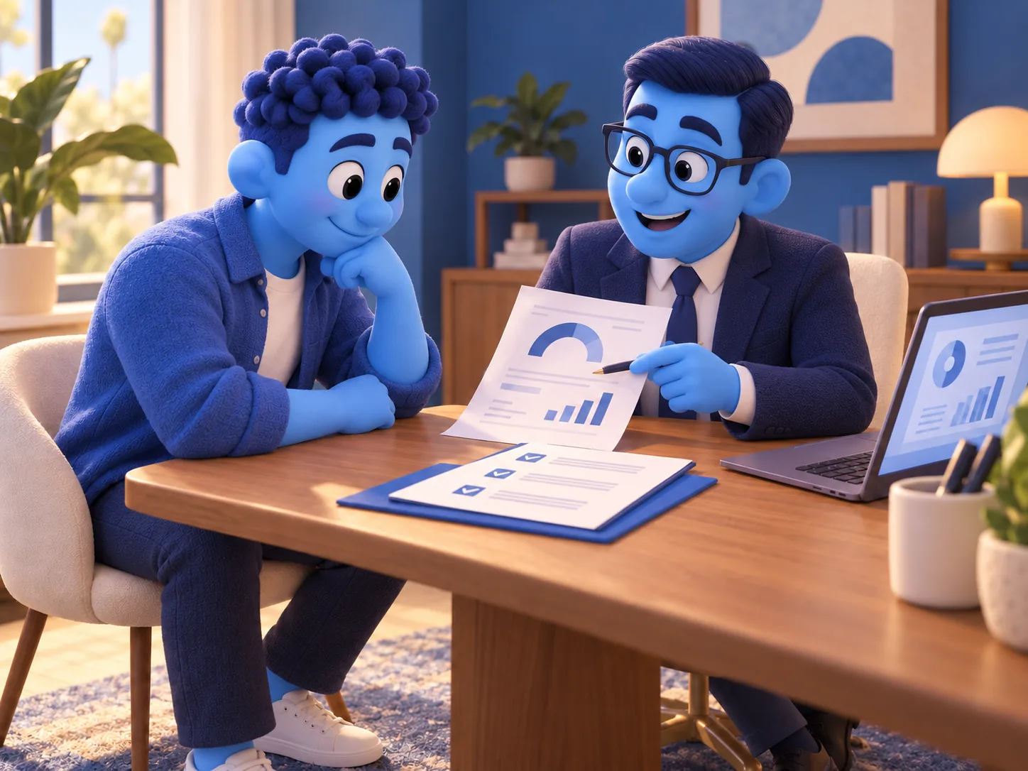 The same blue character reviews his credit report with a male blue expert wearing a suit and glasses and works on a plan.
