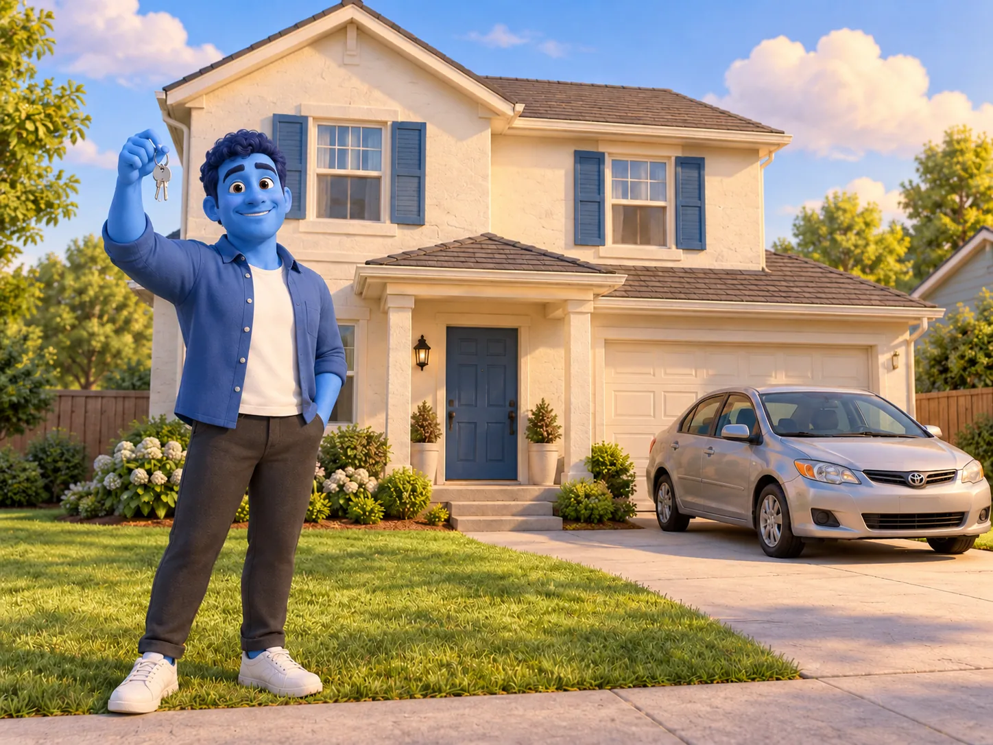 The blue character holds house keys in front of a modest two-story home with a basic silver car in the driveway.